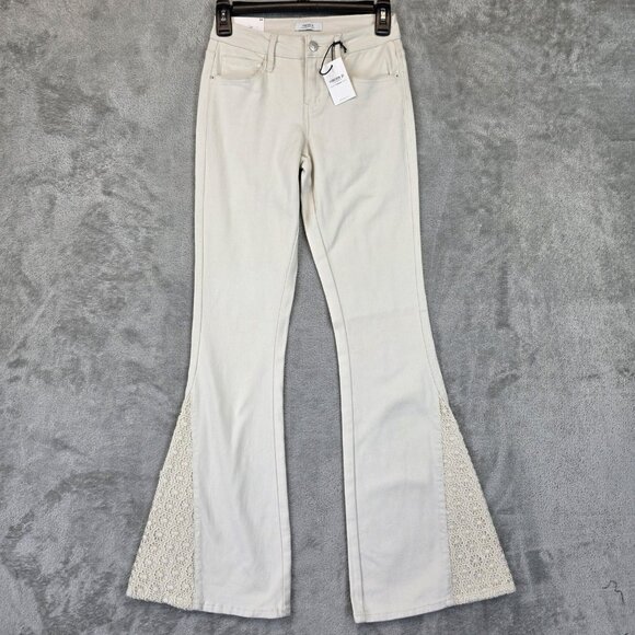 Forever 21 Premium Flare Jeans Womens 24 Vanilla Denim Lace Crochet Panels NWT - Picture 1 of 14